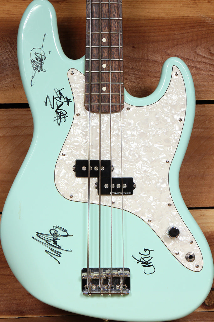 mark hoppus bass gear FENDER MARK HOPPUS +44 SIGNED! Daphne Blue JAZZ BASS PRECISION 52386 – Still Kickin Music