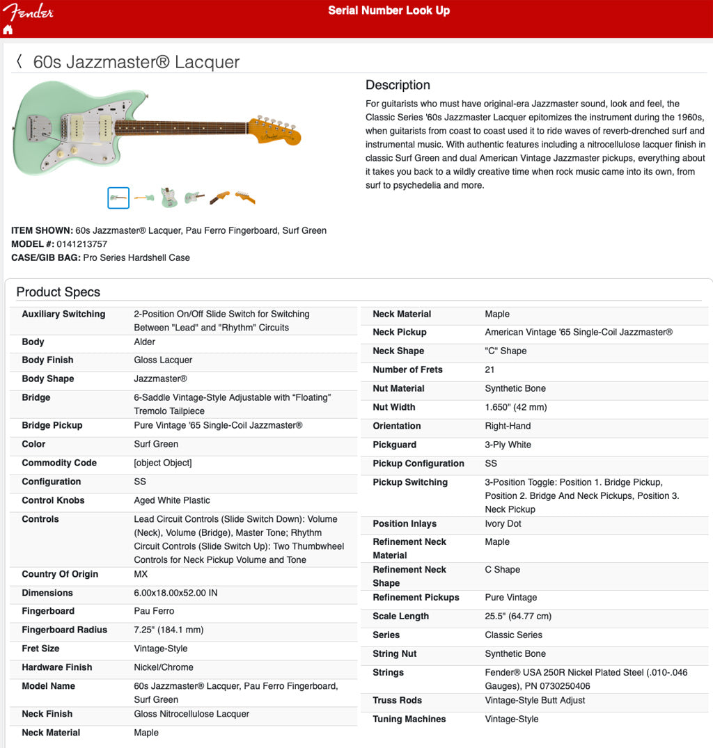 Fender '60s Classic Series Jazzmaster Lacquer +OHSC - Surf Green 79036