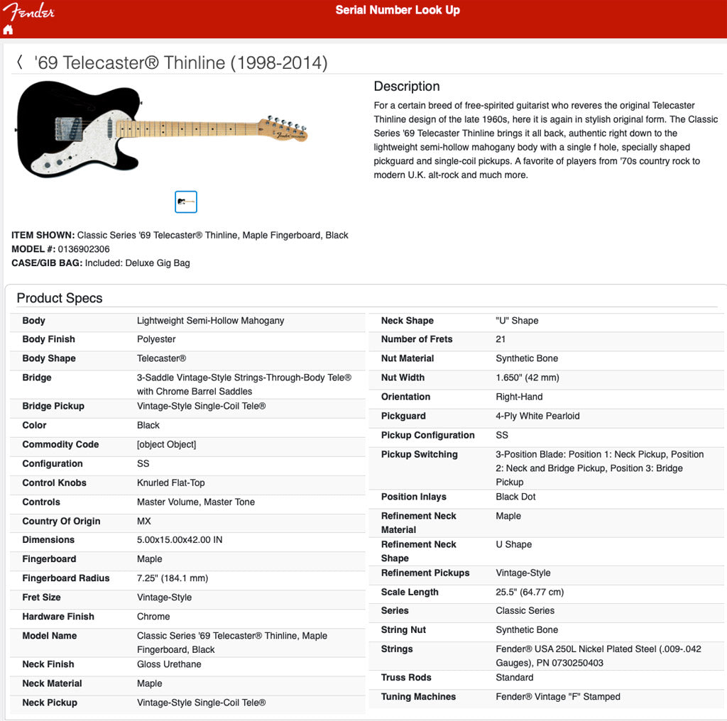 Fender 69 Telecaster Thinline 2007 Black Semi-Hollow 5.5-pound Tele! 08759