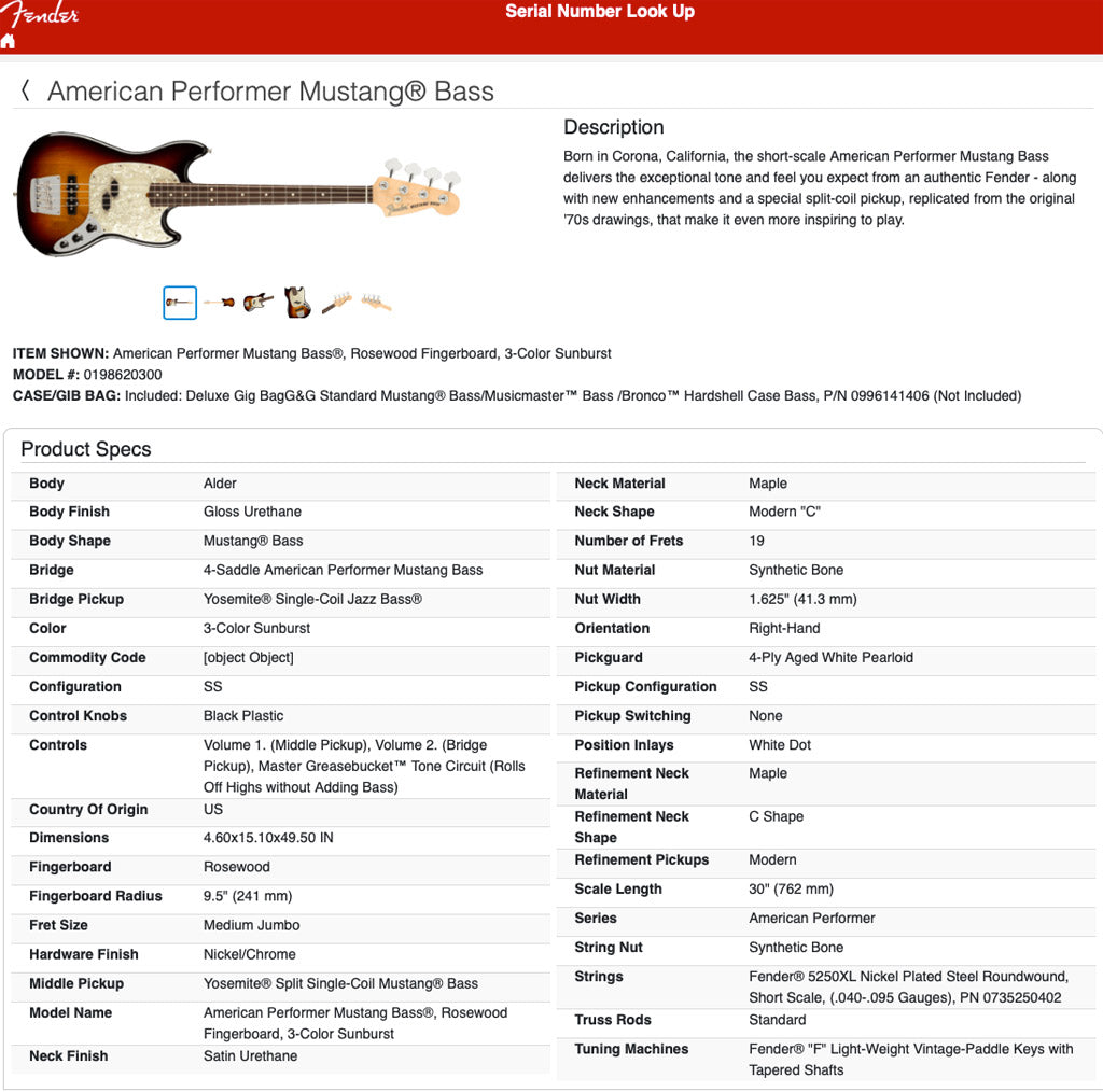 Fender 2023 American Performer Mustang Bass Sunburst 30" Short Scale +Bag 52545