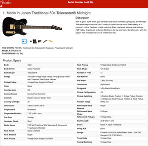 Fender 2018 Traditional 60s Midnight Telecaster Made in Japan MIJ Tele 07187